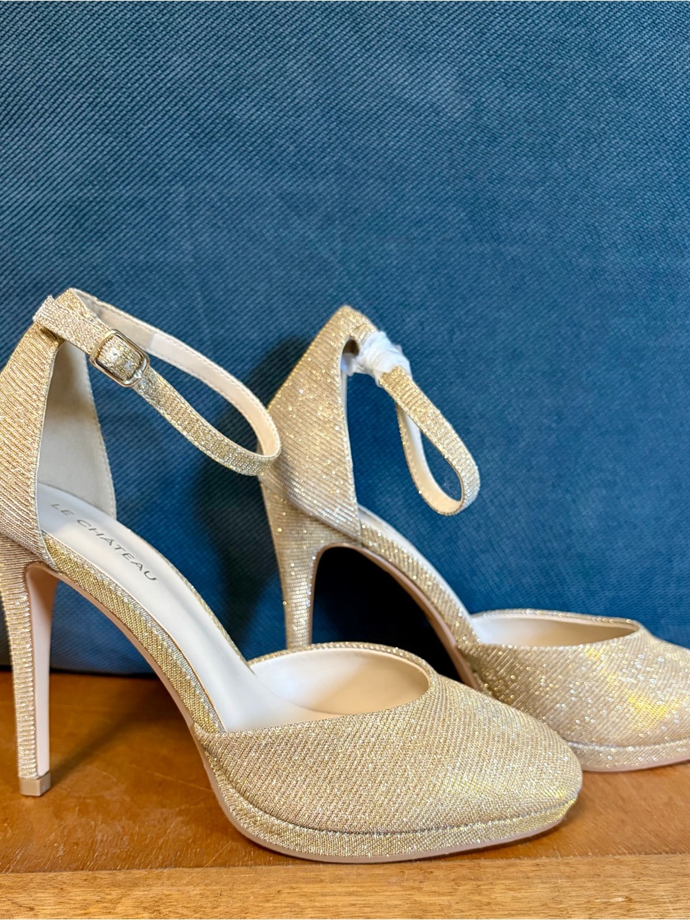 le chateau Shimmery Gold Glitter Ankle-Strap High Heels